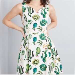 Ixia Cactus Dress Size M ModCloth Fit & Flare Pockets Succulent Print